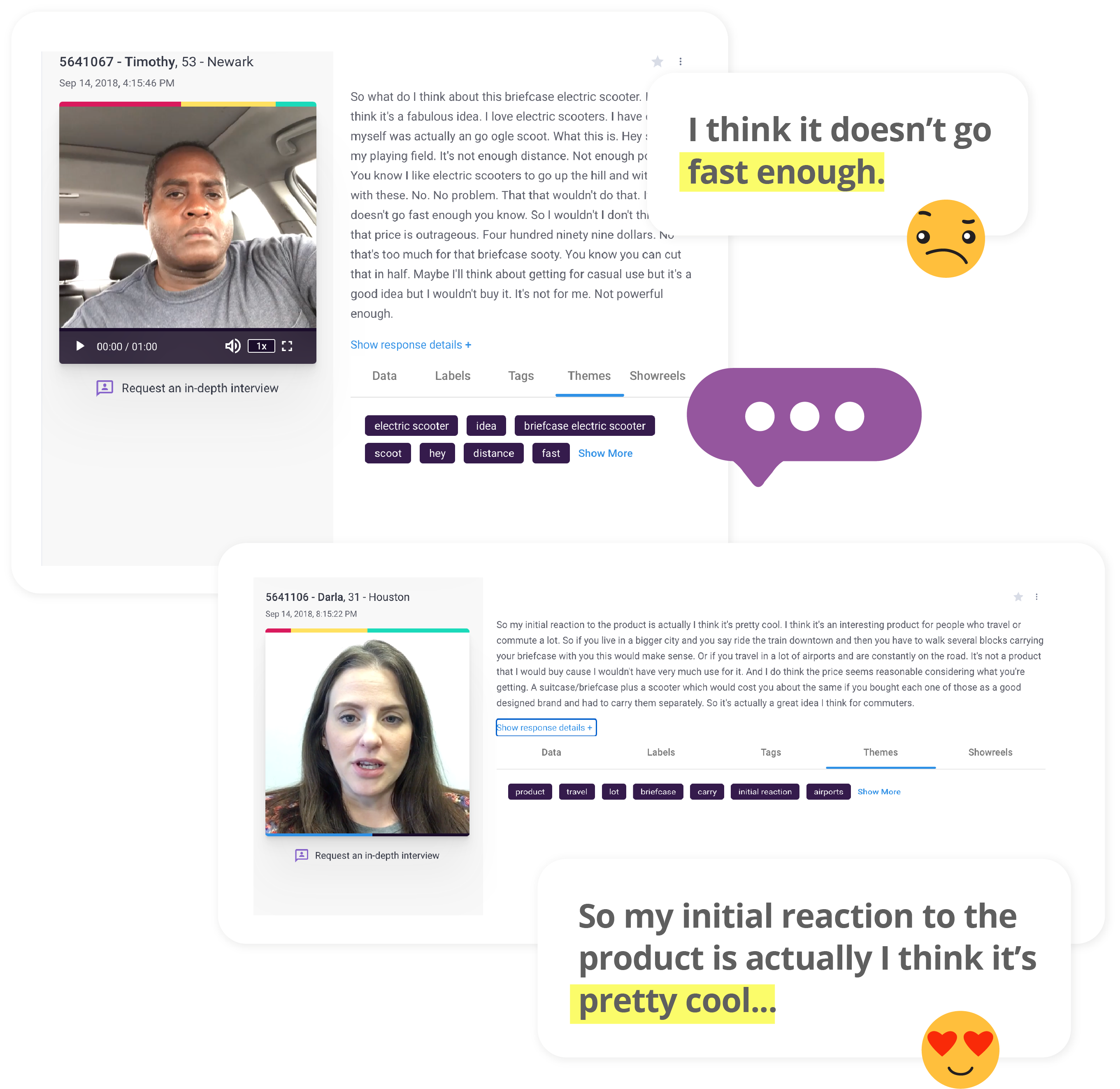 Auto-generated transcript viewer with time codes and highlights