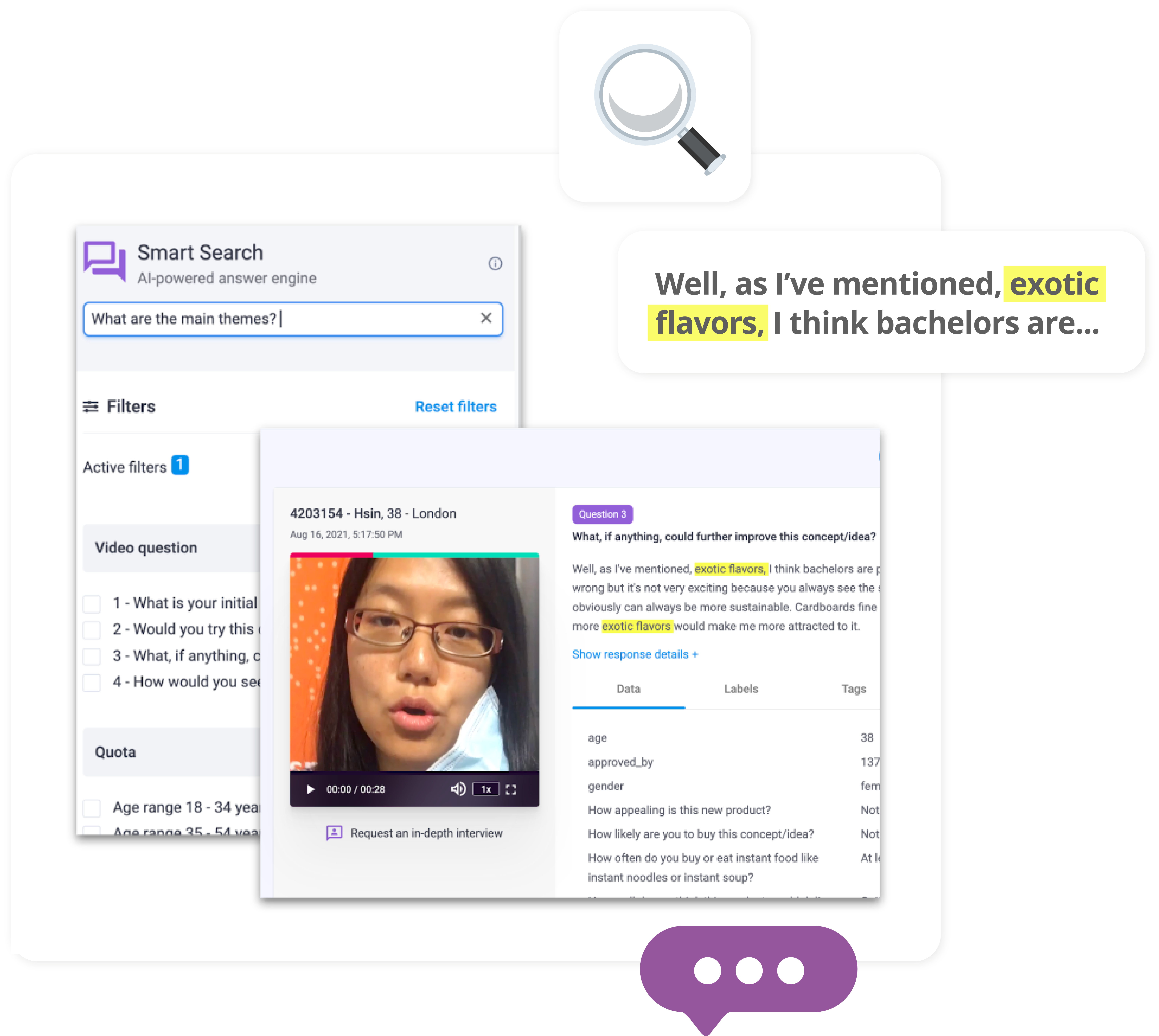 AI-powered search across transcripts, tags, and clips