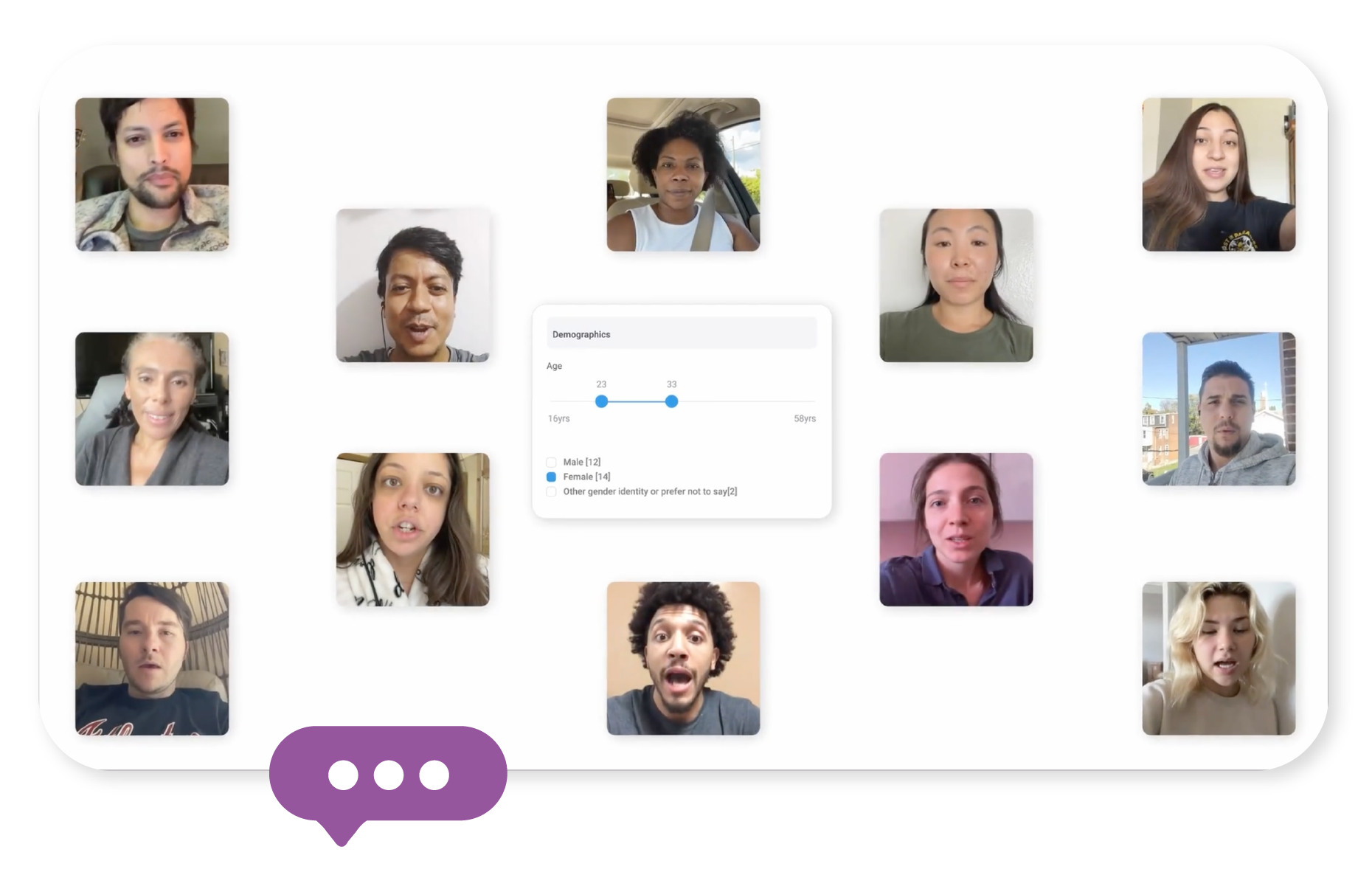Grid of diverse respondent faces with video play indicators