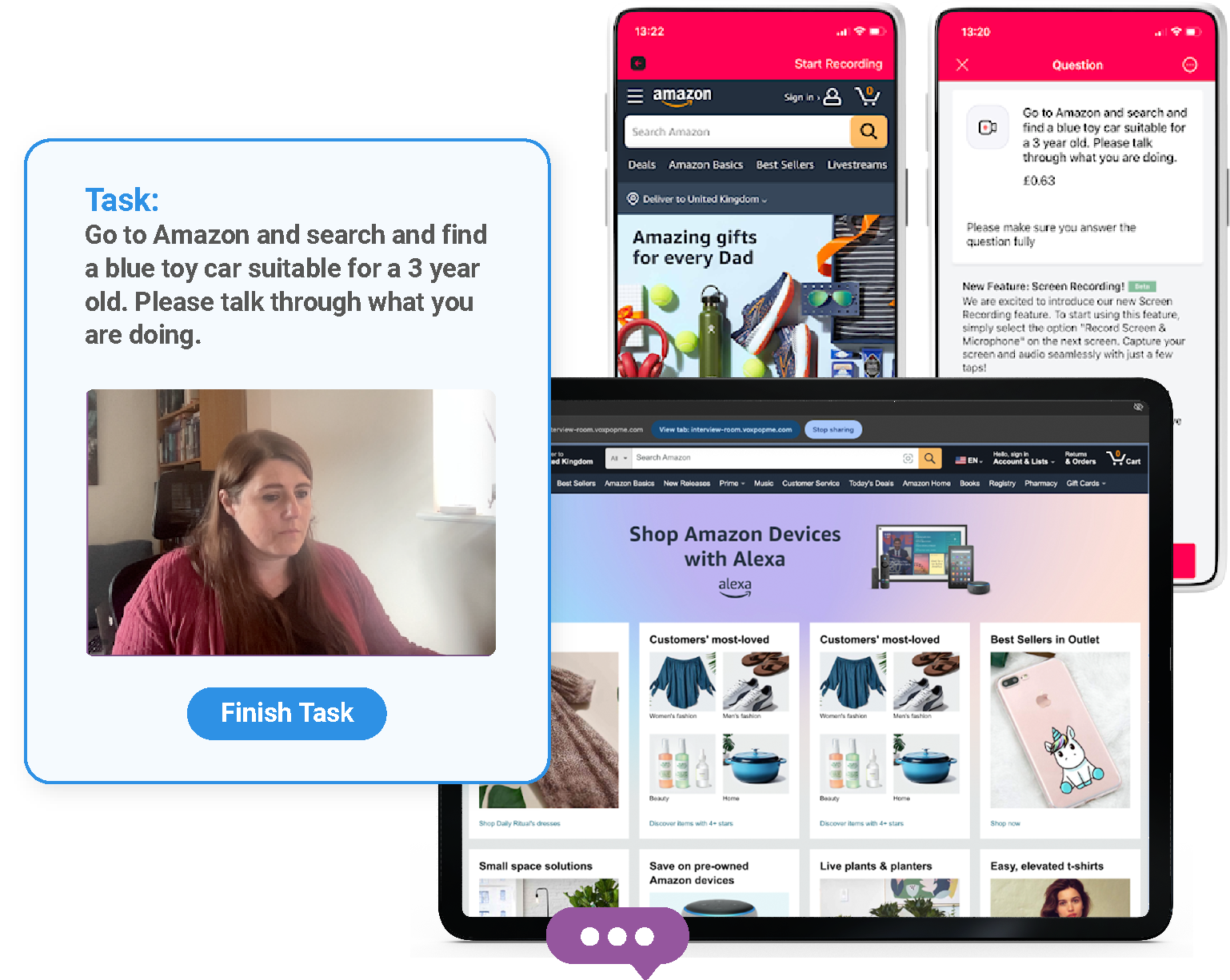 Multi-device screen recording interface with task prompt and browser recordings