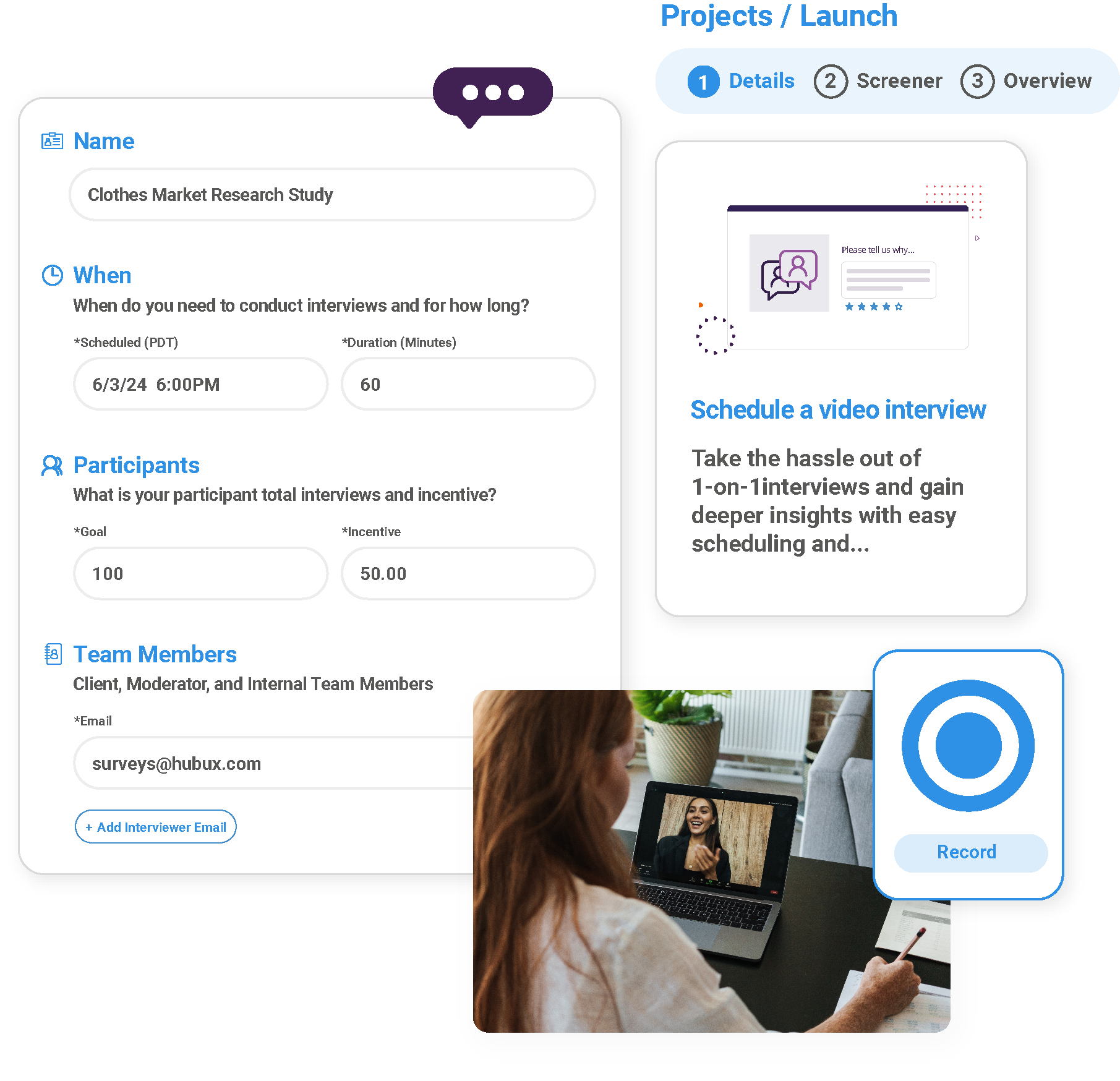 Project setup interface showing study name, research question, and video interview scheduling