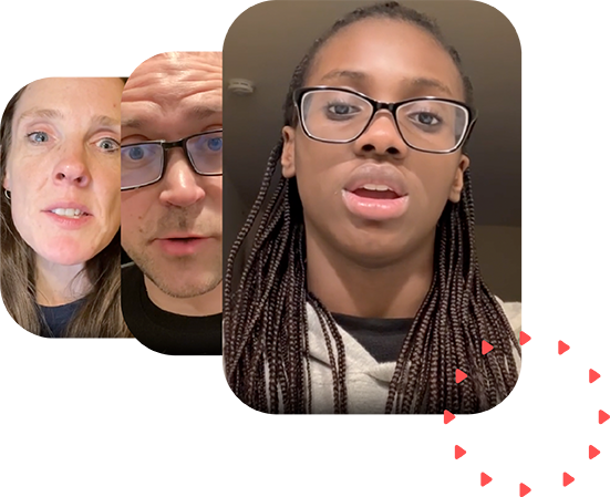 A woman and a man in glasses are engaging in a creative conversation on a video call.