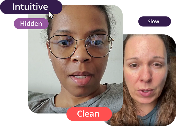 A woman with glasses and a purple background showcases an intuitive digital prototyping tool. The design is clean and sleek, allowing seamless hidden features to be effortlessly discovered.