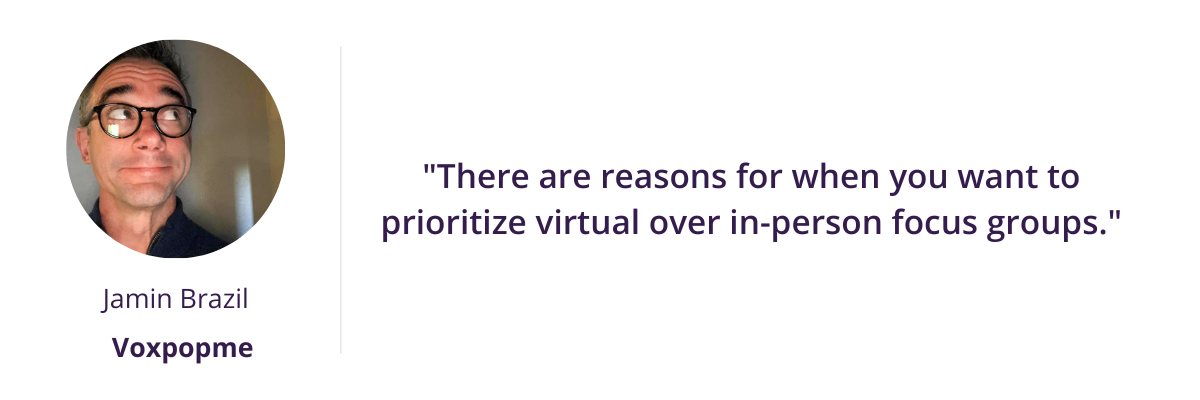 There are reasons for when you want to prioritize virtual over in-person focus groups. - Jamin Brazil