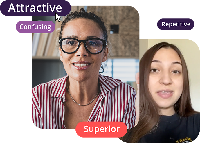 Two creative women in glasses with the words attractive and comforting providing superior testing solutions.