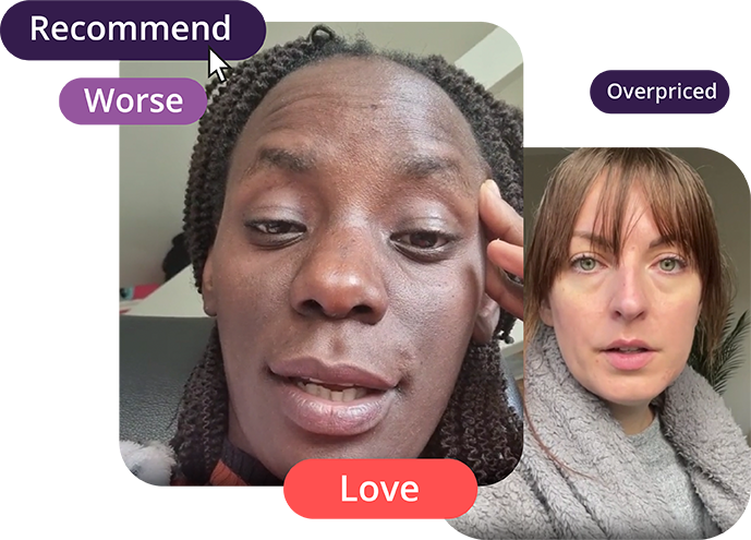 A woman's face expressing love and overwhelmed emotions, with the word "recommend" prominently displayed.