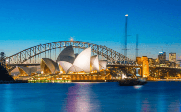 Sydney opera house and bridge at dusk.