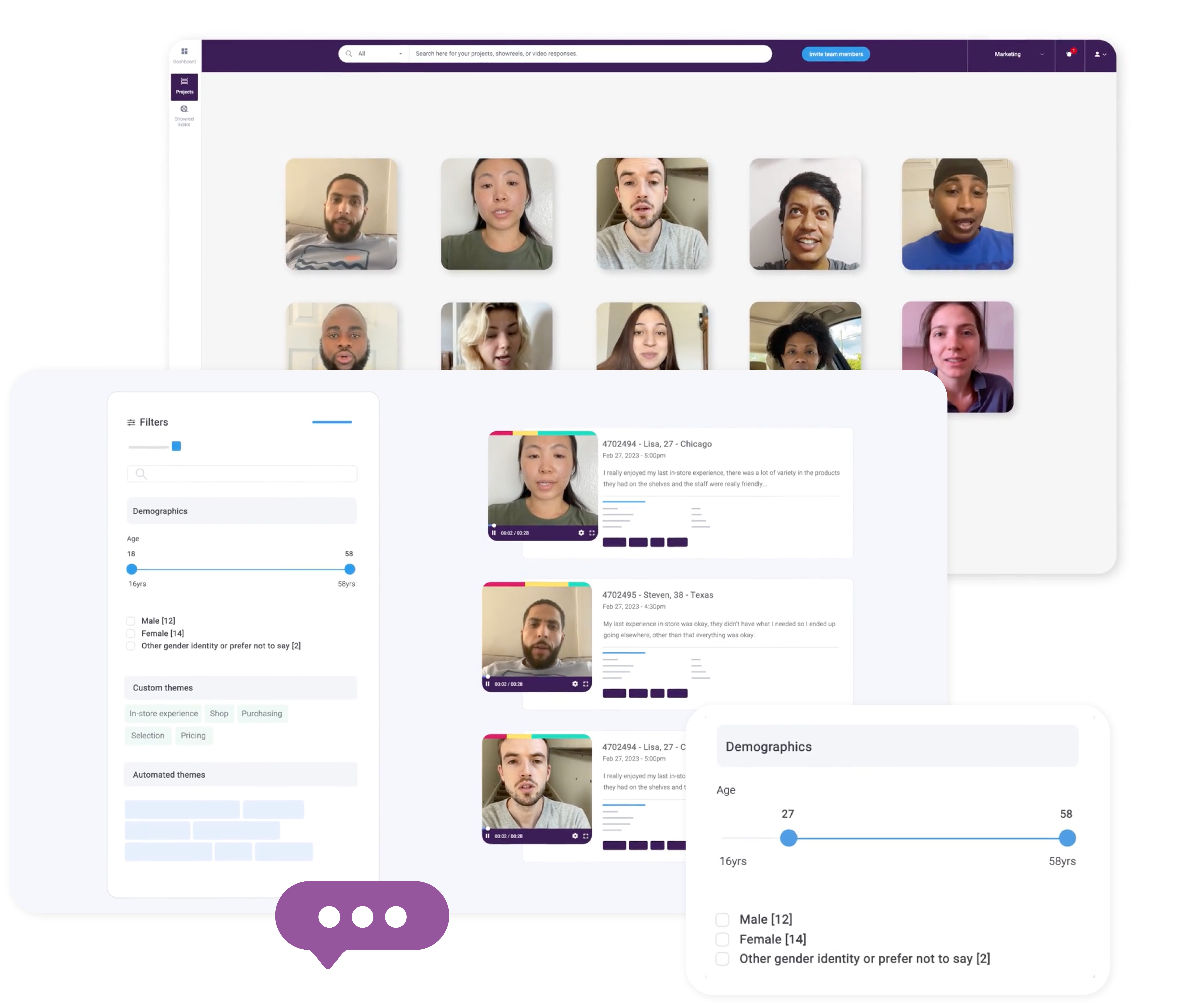 A qualitative insights platform displaying a group of people on the screen.
