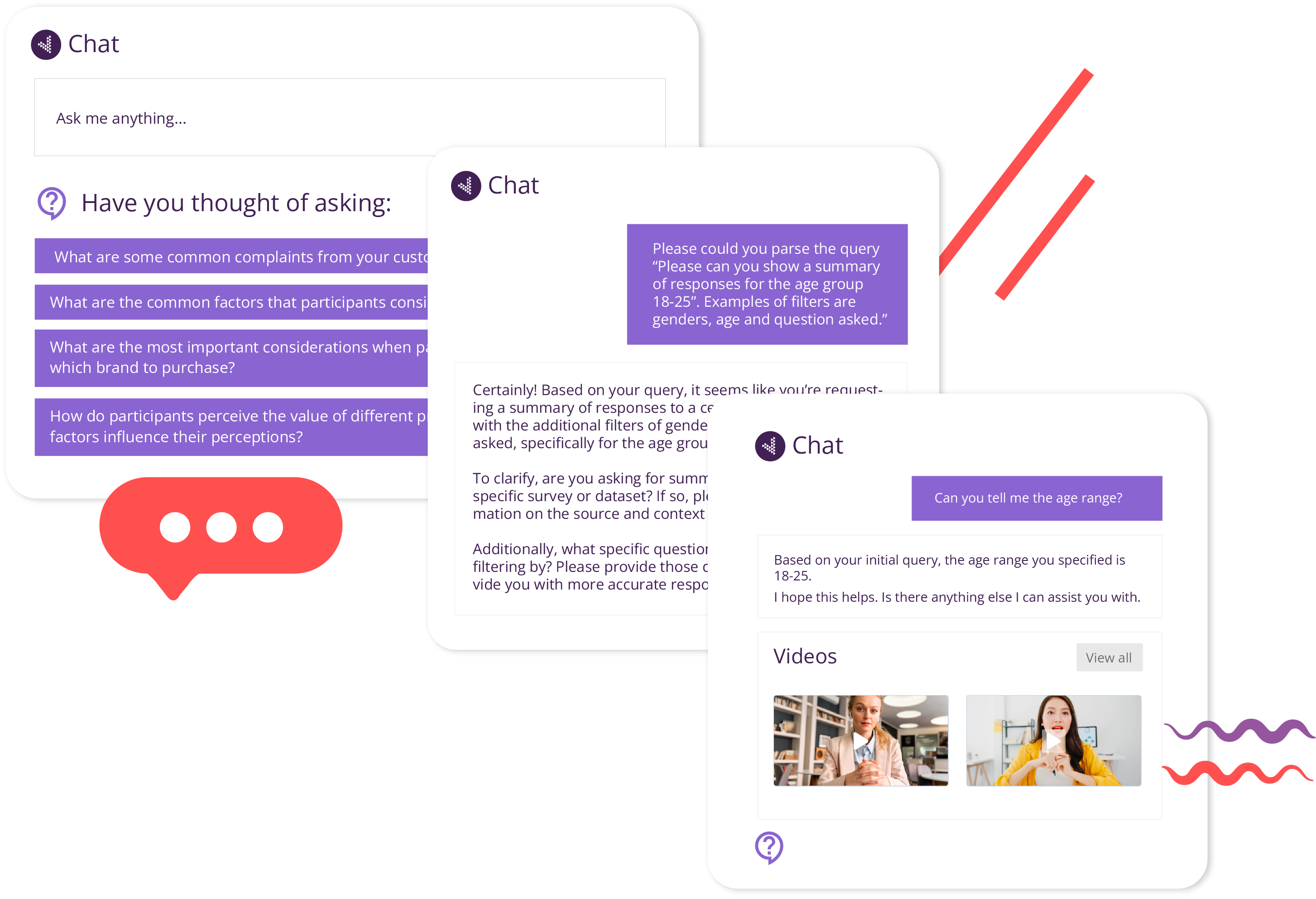 A screenshot of a chat screen with a purple background and qualitative insights platform.