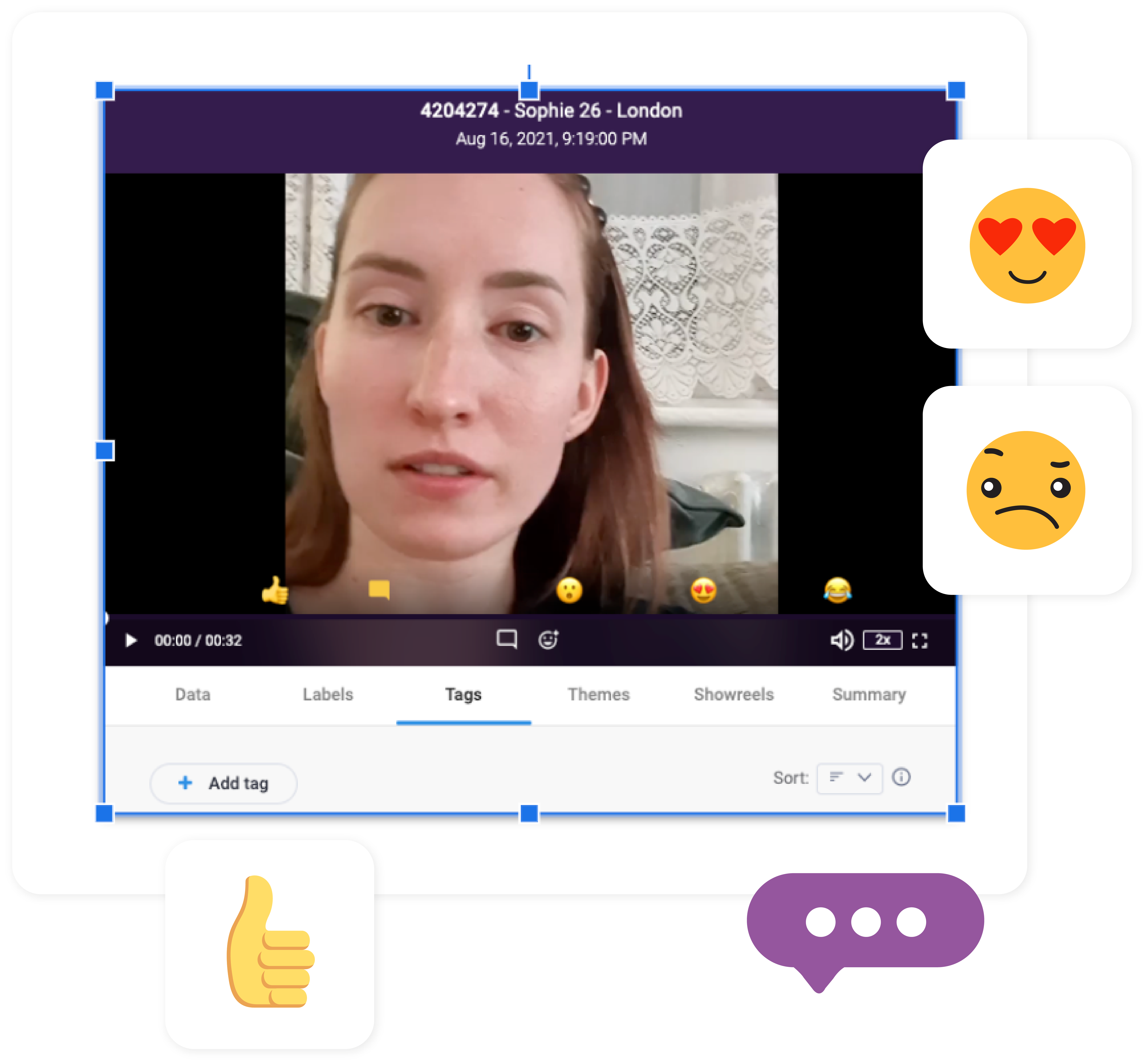 A video chat screen with a woman's face showing various emojis, showcasing the immersive Voxpopme features.