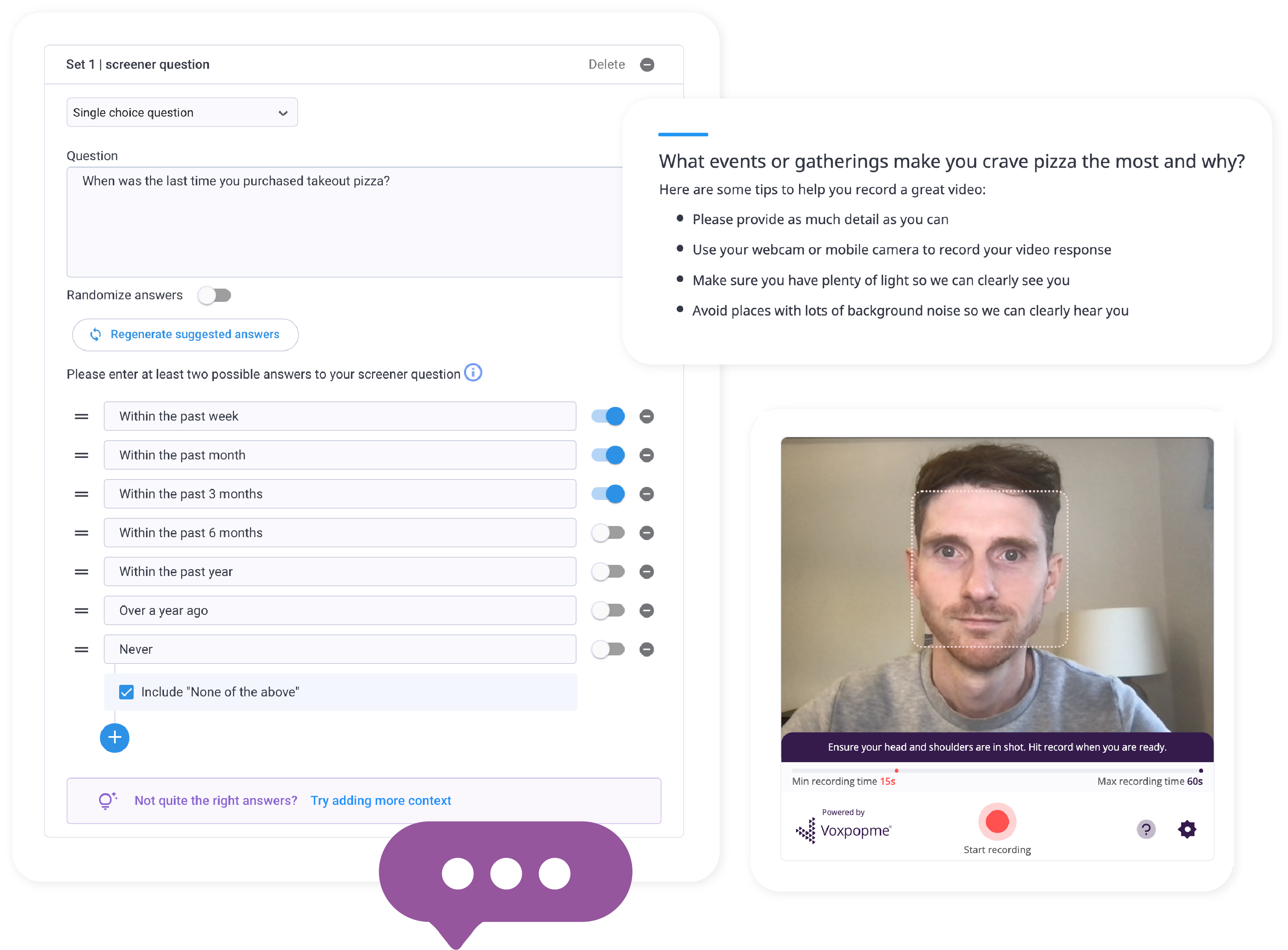 A screen featuring a man's face on it, showcasing the Voxpopme features.
