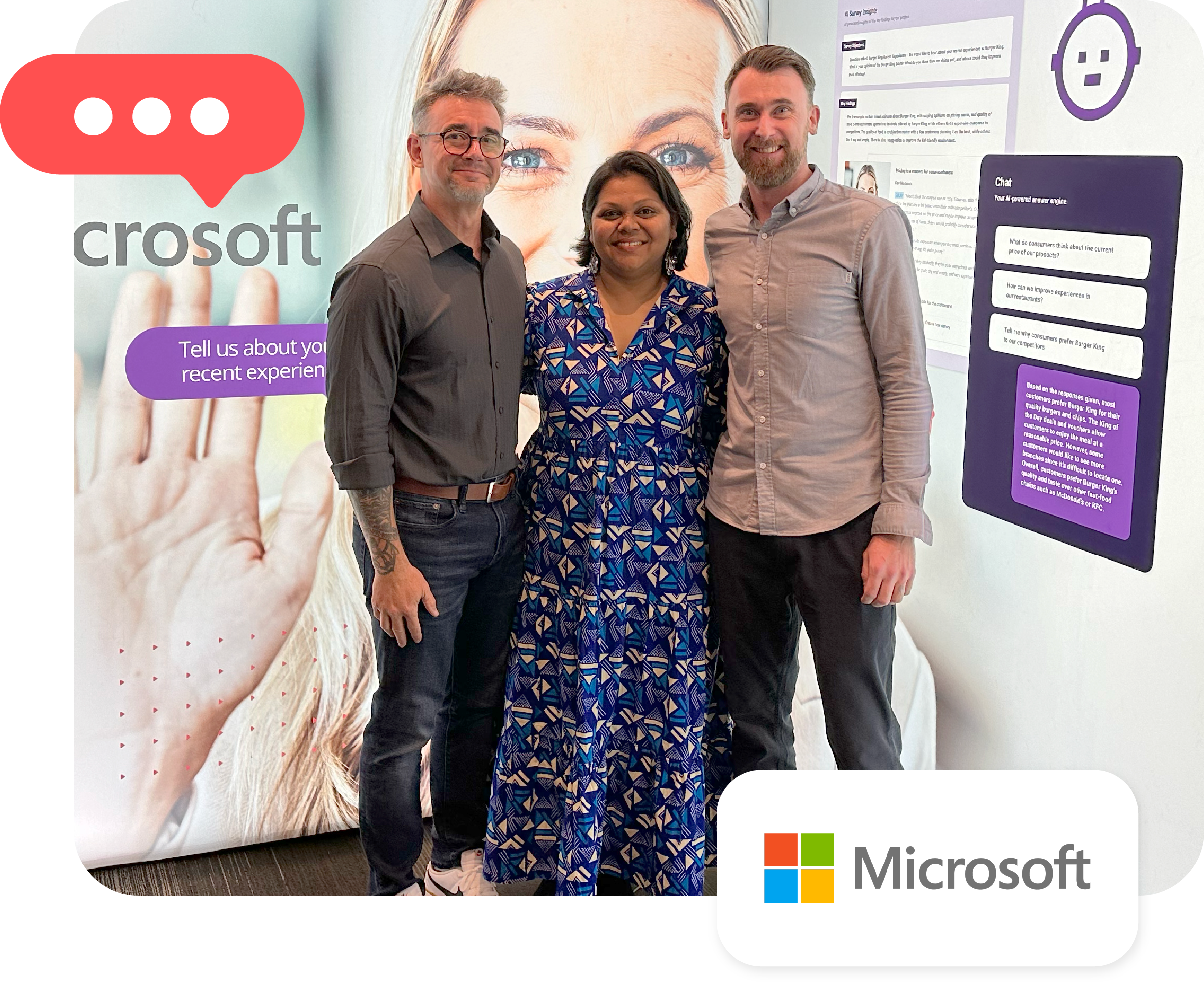 Three people standing in front of a Microsoft sign utilizing Voxpopme AI technology.